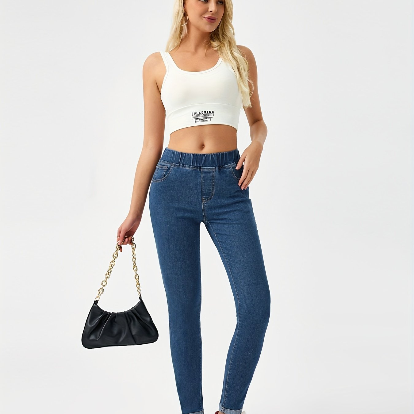 Elastic Waist Skinny Jeans Slim Fit Mid Stretch Versatile Denim Pants