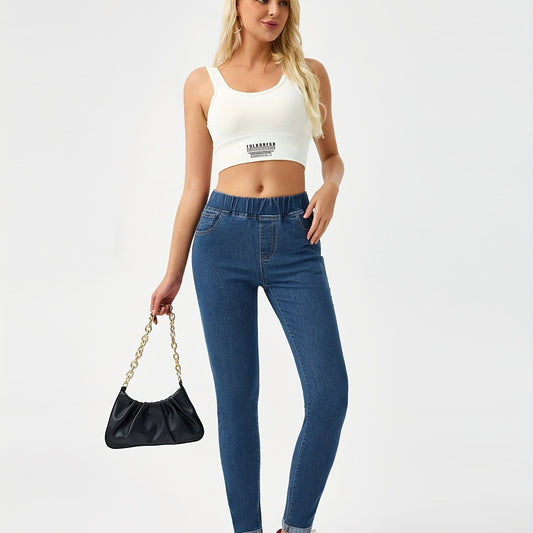 Elastic Waist Skinny Jeans Slim Fit Mid Stretch Versatile Denim Pants