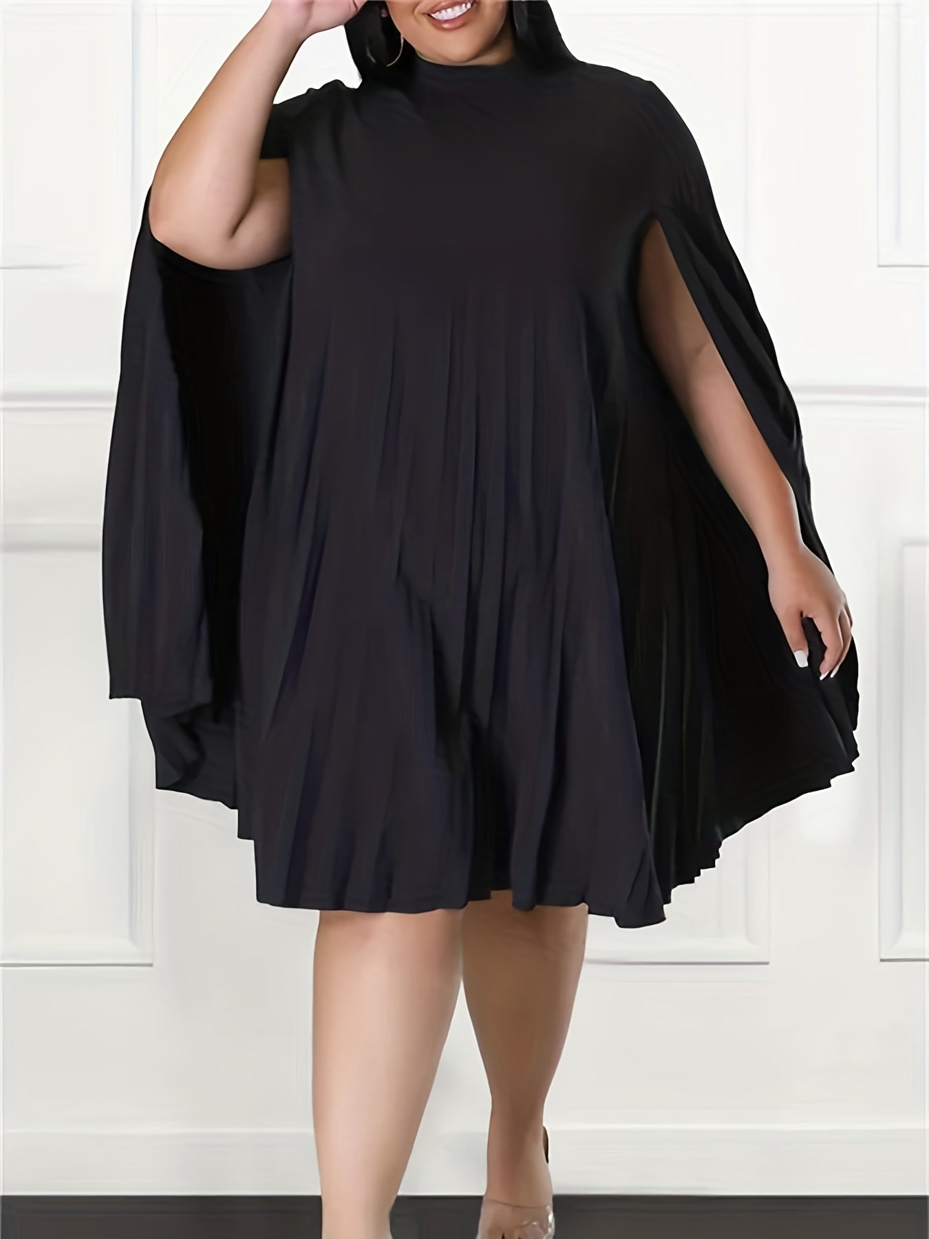 Party Dress Women's Plus Solid Split Sleeve Keyhole Back Mock Neck
