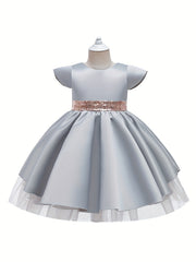 Toddler Girls Back Sequins Bow Heart Cut Out Princess Dress