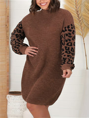 Colorblock Leopard Print Long Sleeve Sweater Dress