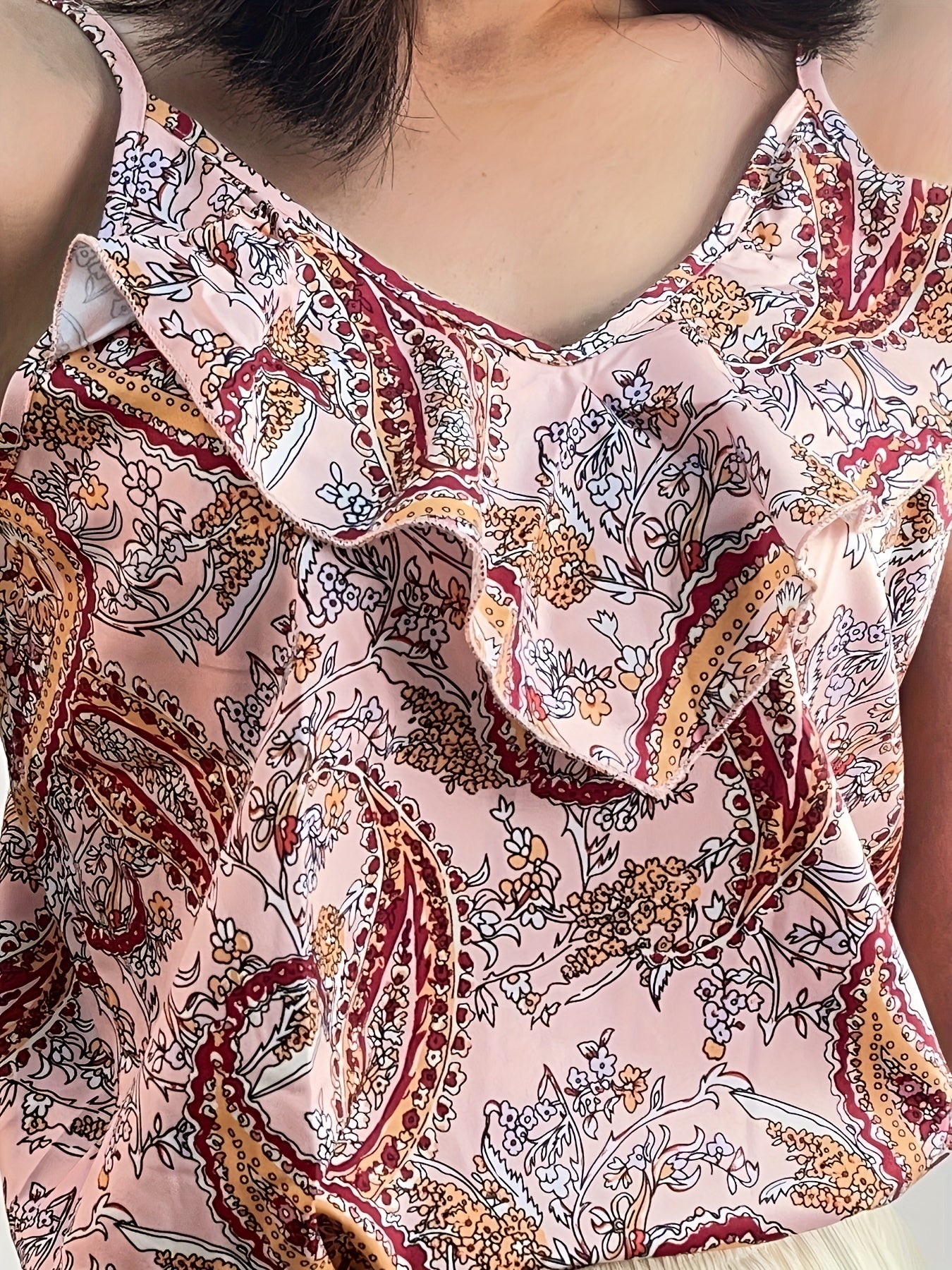 Boho Paisley Print Ruffle Trim Cami Top Summer Sleeveless Top