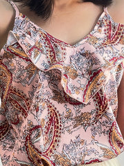 Boho Paisley Print Ruffle Trim Cami Top Summer Sleeveless Top