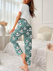 Panda Print Pajama Set Short Sleeve Top & Pants