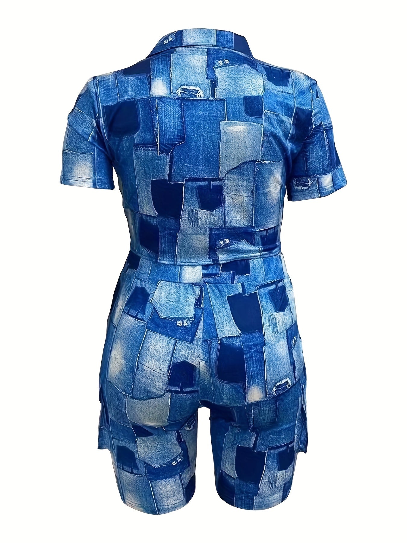 Denim Print Crop Top & Cargo Shorts Outfit Set Plus Size