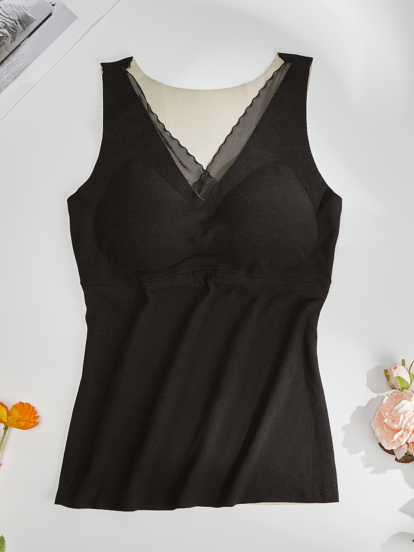 Mesh Stitching Thermal Tank Top V Neck Sleeveless Underwear Top