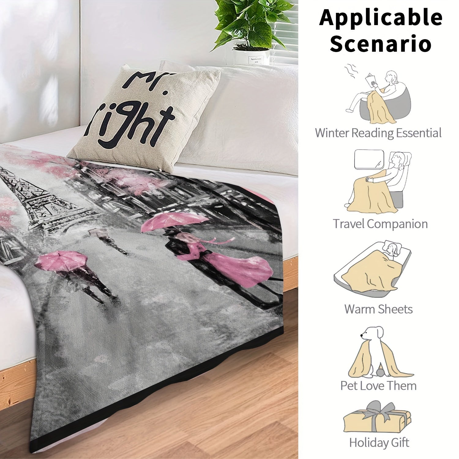 Romantic Paris Flannel Throw Blanket for Couch Bed Travel Outdoor