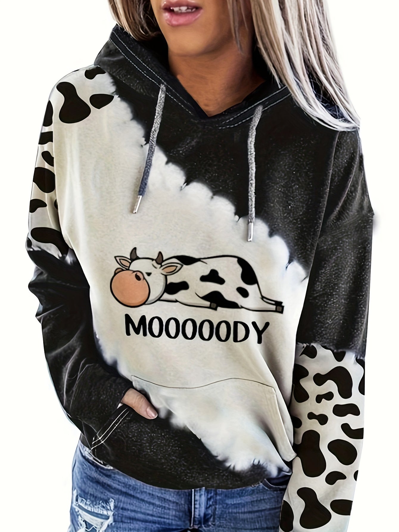 Cow & Letter Print Hoodies Casual Drawstring Kangaroo Pocket