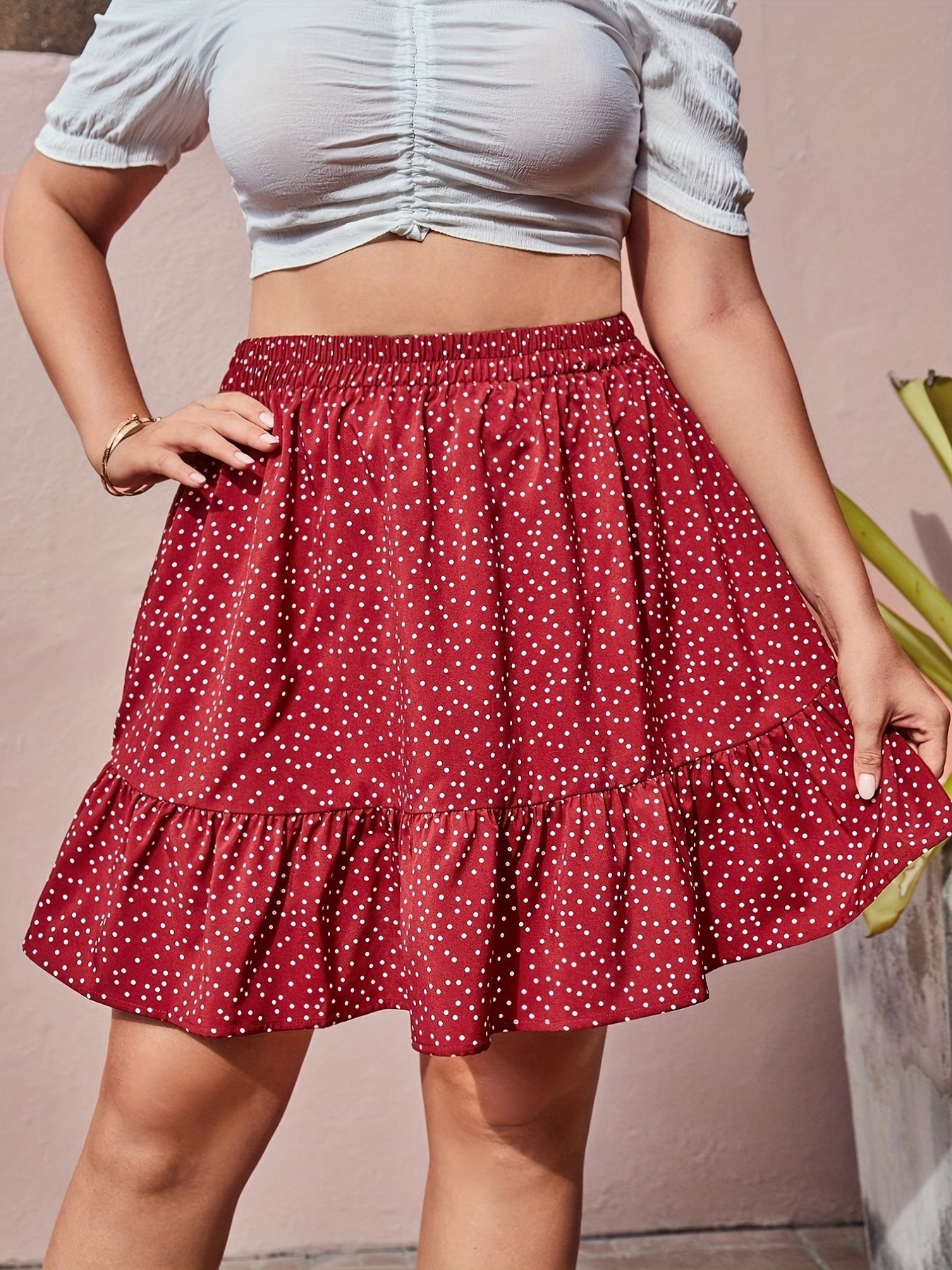 Women's Plus Polka Dot Ruffle Trim Mini Skirt
