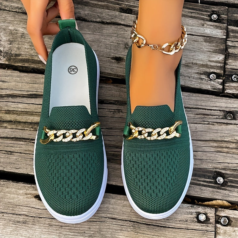 Women's Chain Decor Walking Shoes Round Toe Comfy Sports Sneakers