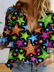Casual Blouse Women's Plus Star Print Long Sleeve Button Up Shirt