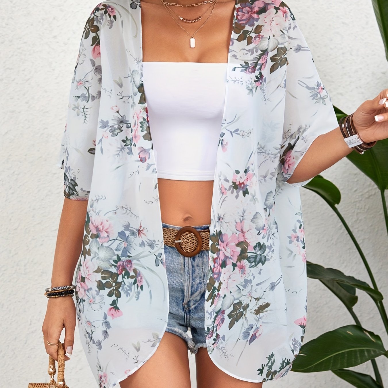 Floral Print Chiffon Kimono Sheer Cover Up Cardigan