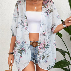 Floral Print Chiffon Kimono Sheer Cover Up Cardigan