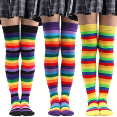 3 Pairs Rainbow Thigh High Socks & Over The Knee Stockings