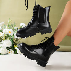 Women's British Style Combat Boots Lace Up Short Stretch Fabric Sided Boots