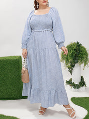 Plus Ditsy Floral Print Flounce Sleeve Smock Maxi Dress