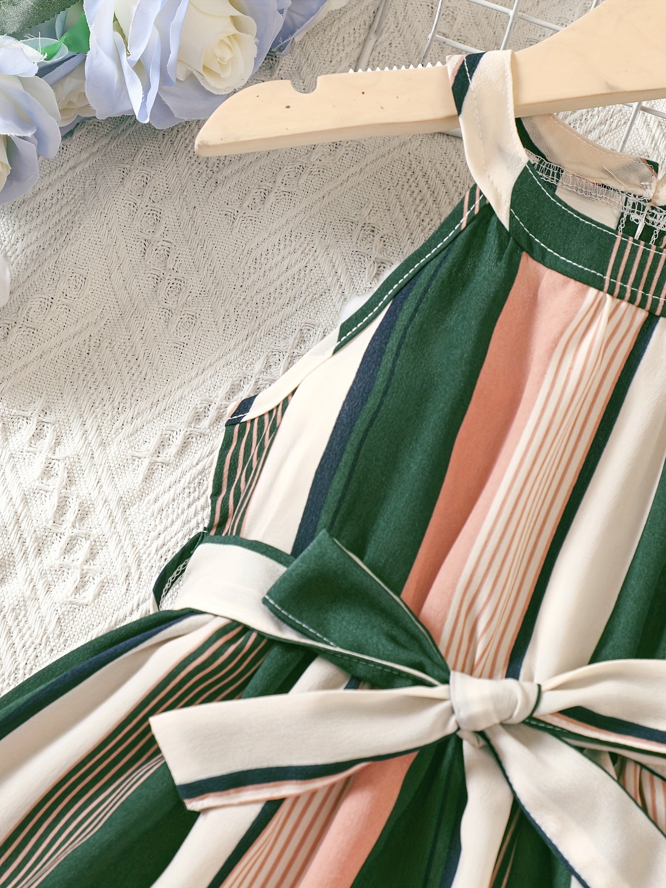 Girls Striped Sleeveless Belted Casual Dress For Kids