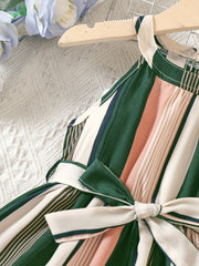 Girls Striped Sleeveless Belted Casual Dress For Kids