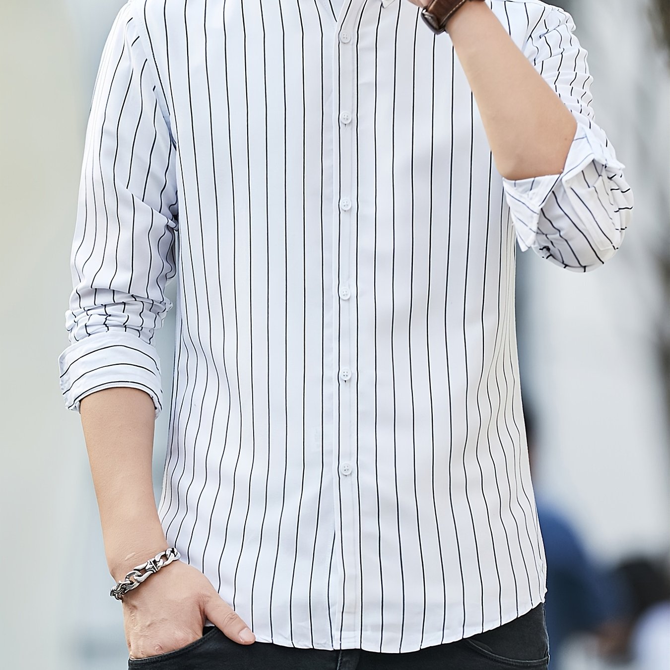 Men's Striped Long Sleeve Shirt Slim Business Casual Button Down