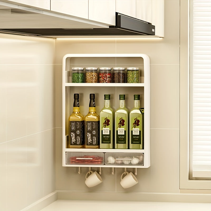 3 Tier Wall Mount Kitchen Storage Rack with Drawer and Punching Shelf
