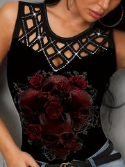 Cutout Flower Print Tank Top Sleeveless Summer Top