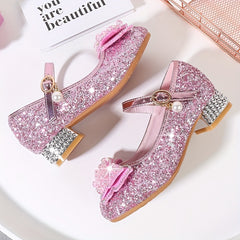 Glitter Bowknot Dress Shoes Low Heel for Kids