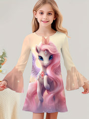 Sequin Print Unicorn Graphic Long Sleeve Dress Girls Dreamy Dresses