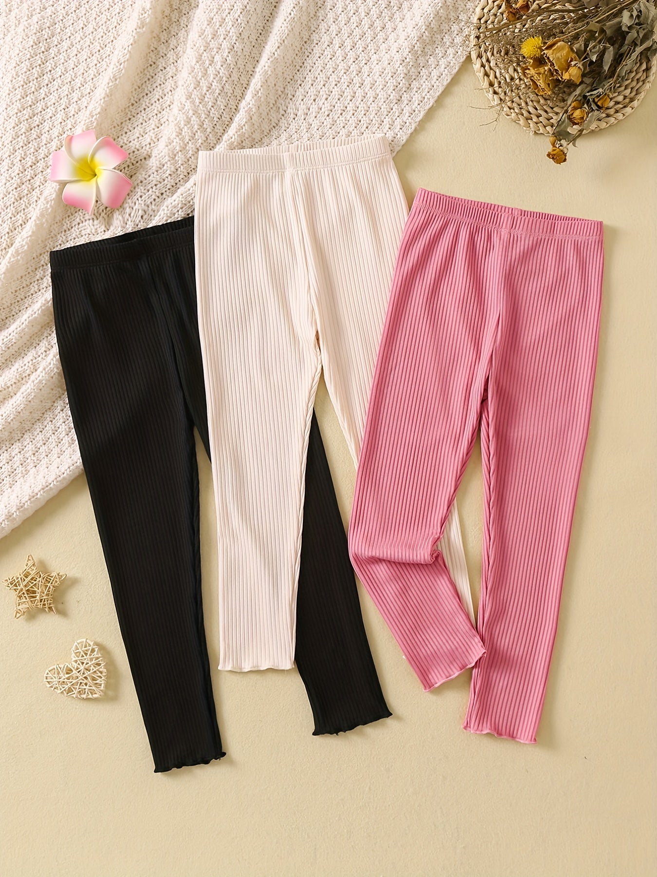 3pcs Girls Stretch Soft Leggings Footless Tights Solid Striped Pants