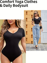 Women's Solid V Neck Short Sleeve Yoga Sports Bodysuit