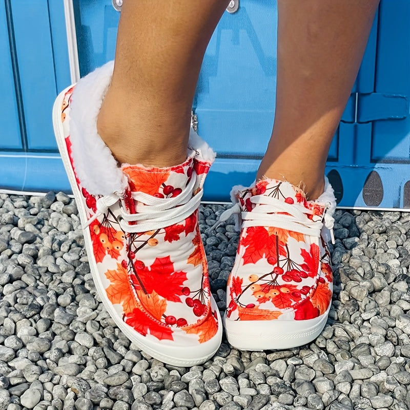 Maple Print Warm Sneakers Lightweight & Comfortable Flat Shoes