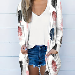 Feather Print Long Sleeve Open Front Cardigan With Pockets