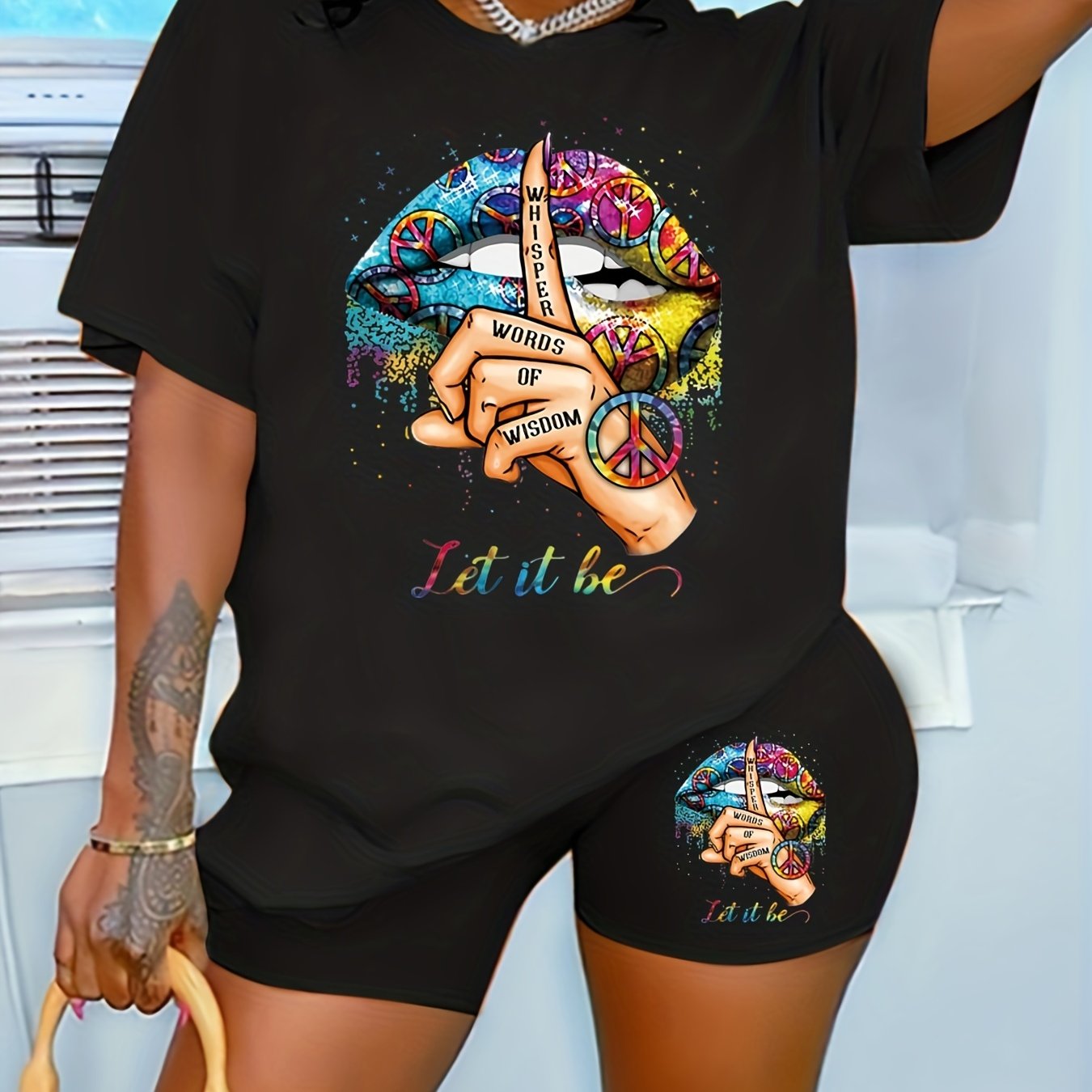 Two Piece Tee & Shorts Outfit Crew Neck T Shirt & Biker Shorts Set