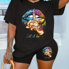 Two Piece Tee & Shorts Outfit Crew Neck T Shirt & Biker Shorts Set