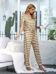 Colorblock Striped Lounge Set Short Sleeve Crew Neck Top & Lace Up Pants