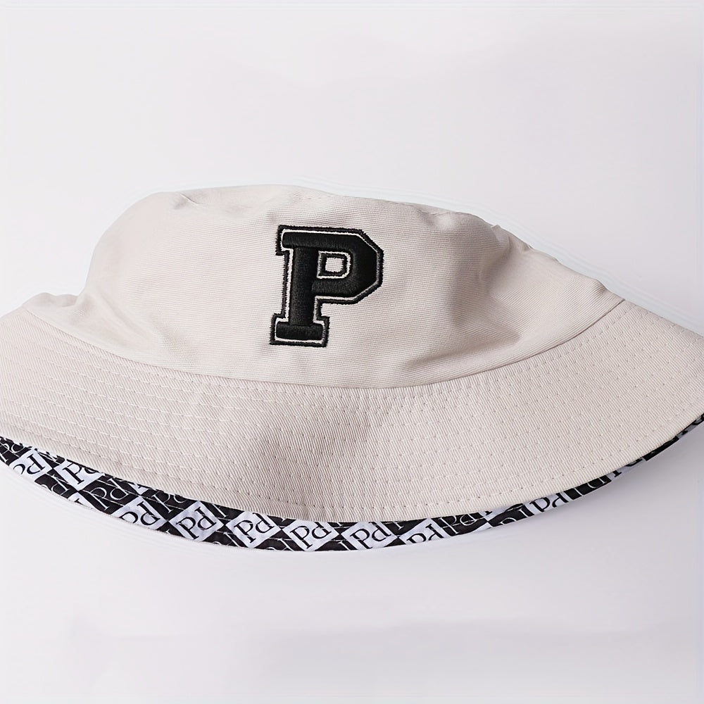 P Embroidery Bucket Hat Casual UV Protection Fisherman Cap Sunscreen Basin Hat