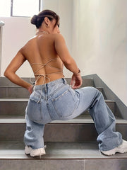 Solid Halter Crop Top Criss Cross Back Lace Up Cami Top