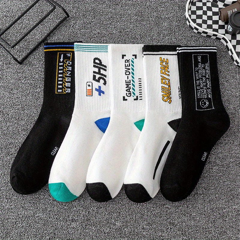 5 Pairs Letter Pattern Print Socks Men's Outdoor Street Stockings