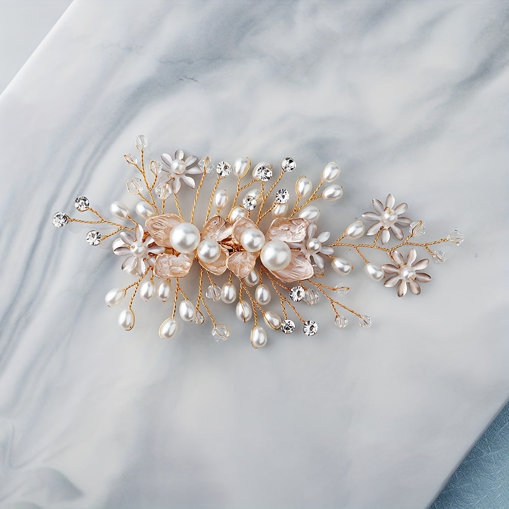 Flower Charm Braided Hair Clip Rhinestone & Faux Pearl Decor Barrette