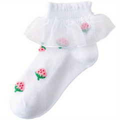 Girls Cotton Blend Lace Ruffle Ankle Socks Strawberry Pattern Candy Crew Socks