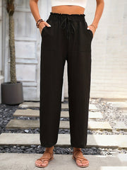 Solid Pocket Straight Leg Pants Tie Waist Casual