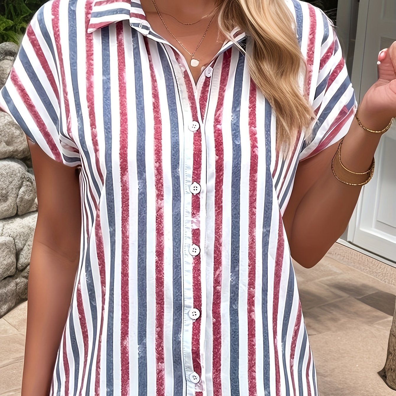 Casual Blouse Women's Plus Stripe Print Button Up Short Sleeve