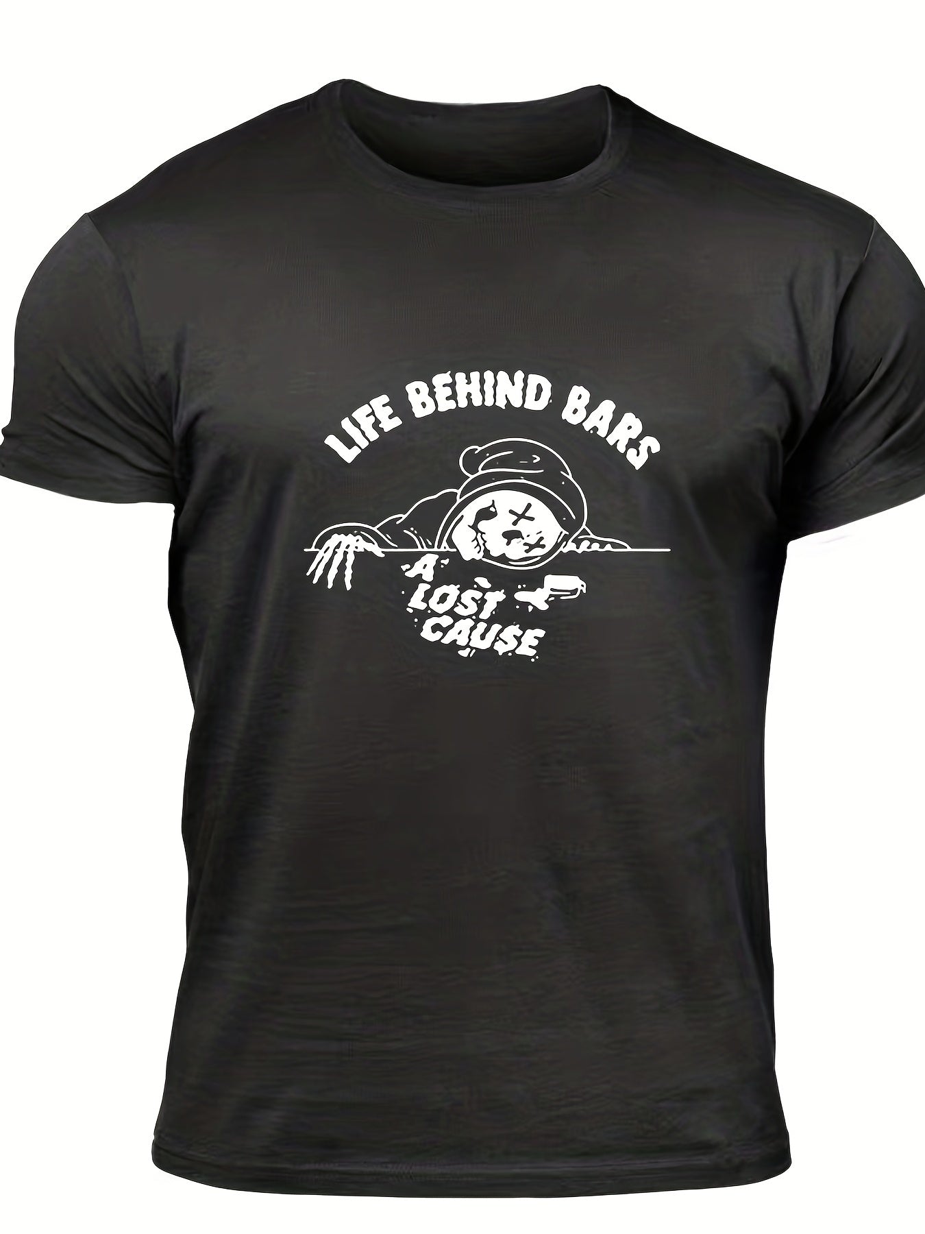 Men's Life Behind Bars Letter Print T-shirt - Casual, Stretch, Breathable Tee