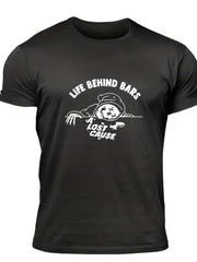 Men's Life Behind Bars Letter Print T-shirt - Casual, Stretch, Breathable Tee