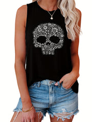 Skull & Flower Print Tank Top Sleeveless Casual Summer Women's Clothing