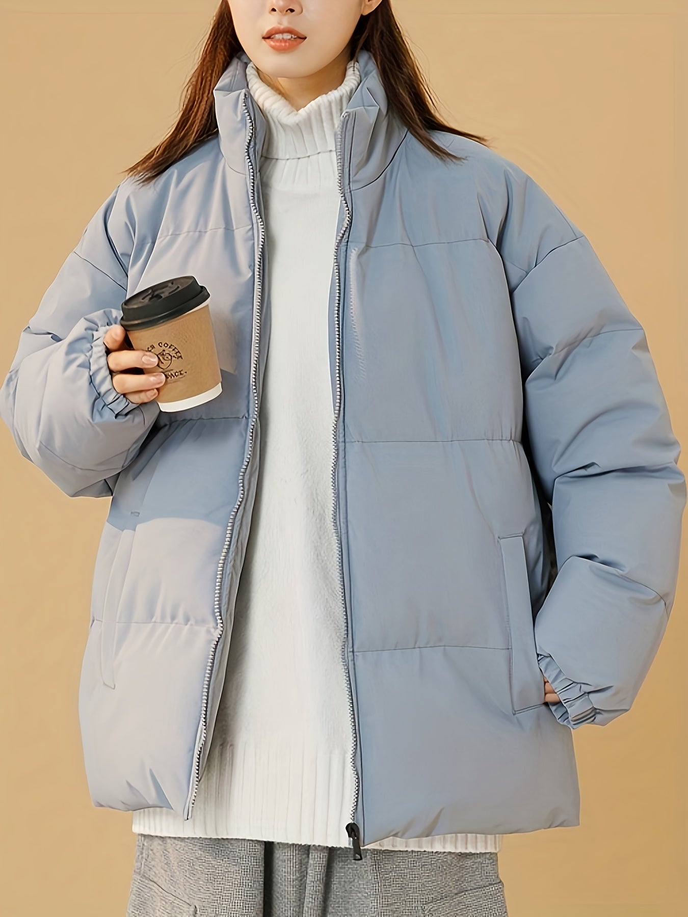 Women's Windproof Thermal Zip Up Thicken Jacket Coat Solid Stand Collar