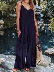 Solid V Neck Sleeveless Jumpsuit Wide Leg
