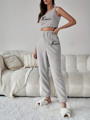 Letter Print Fuzzy Pajama Set Crew Neck Tank Top & Elastic Waistband Pants