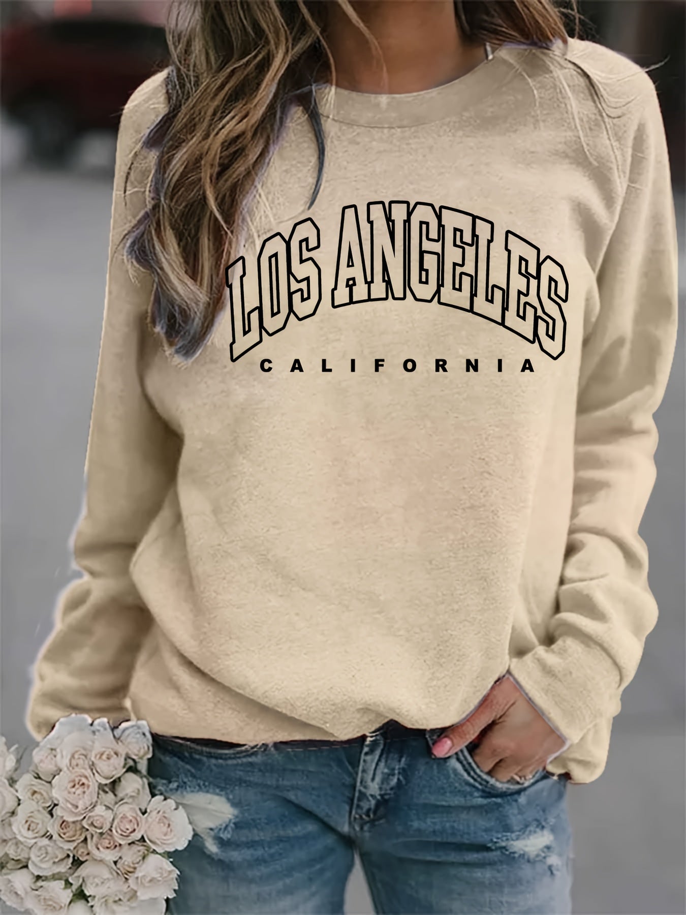 LA Print Crew Neck Sweatshirt Long Sleeve Casual Winter Fall Women's Clothing