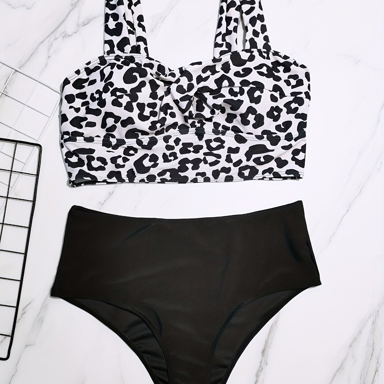 Leopard Print Ruched Bra & Solid High Rise Panty Swimsuit Set