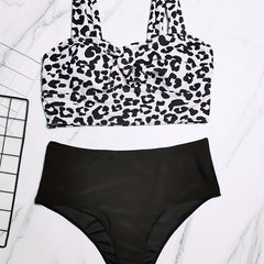 Leopard Print Ruched Bra & Solid High Rise Panty Swimsuit Set